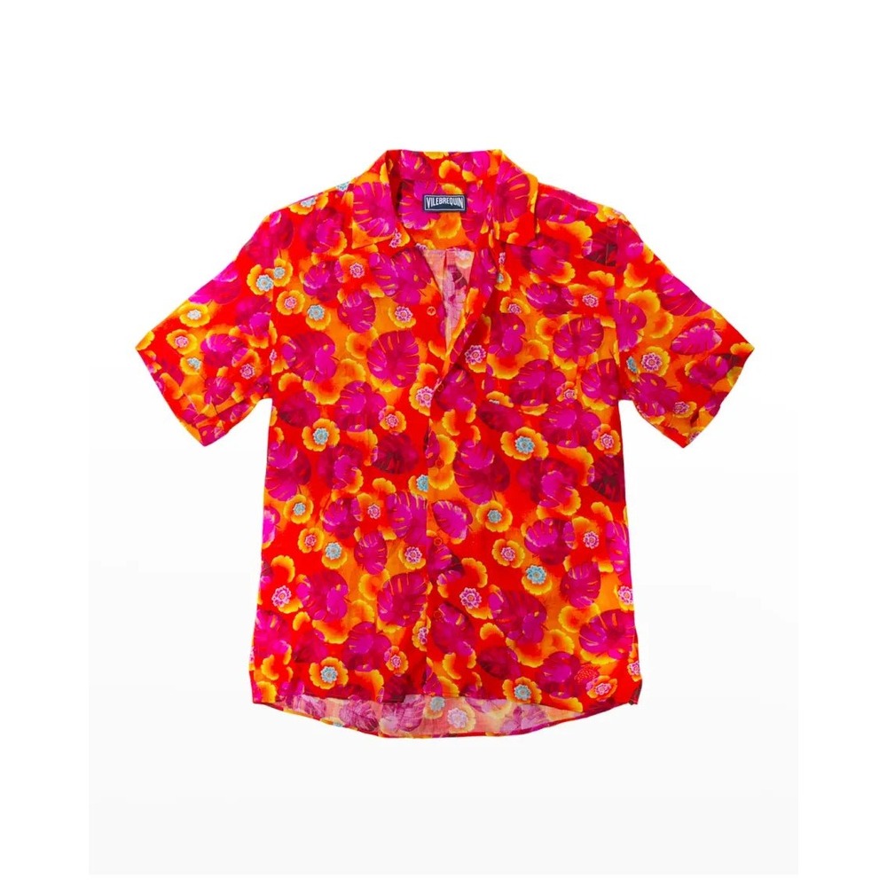 Vilebrequin Beach Shirt Mens Large Orange Linen Cotton Tropic Floral Camp Resort